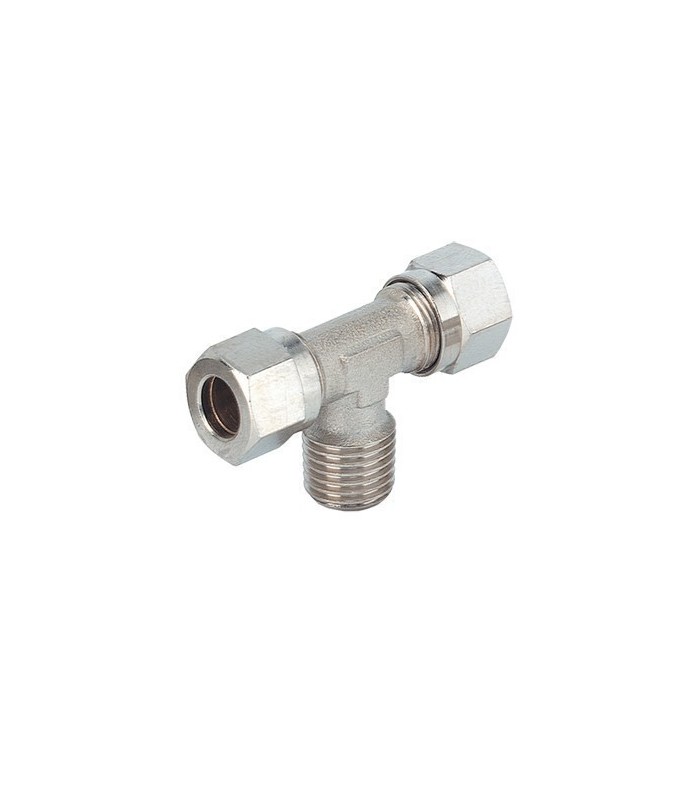 Center male tee fitting to tube with nut and bicone. Buy online