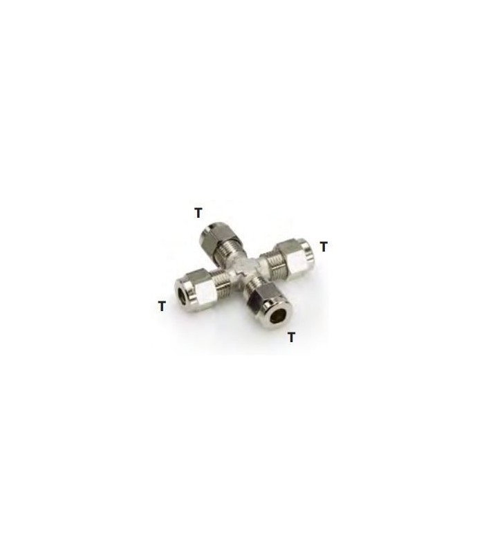 Nickel-plated brass cross-shaped tube union with nut and bicone fitting | Buy online